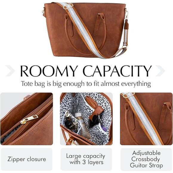 Pinafore Large Vegan Leather Tote Computer Bag Adjustable Crossbody Guitar Strap - Picture 7 of 7